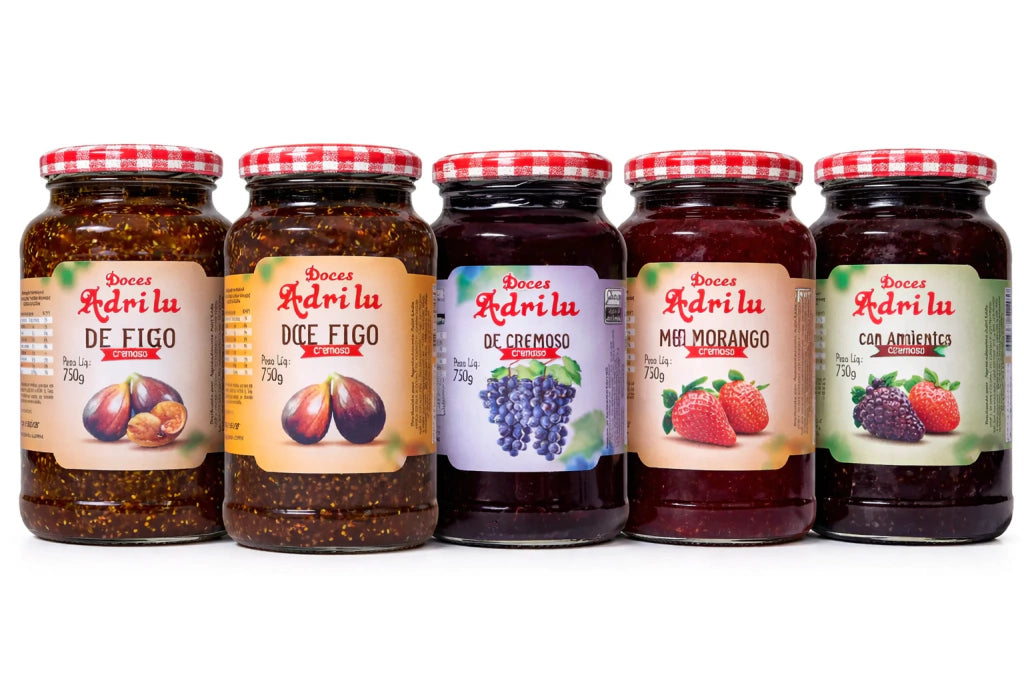 Kit com 5 Sabores de Geléia Adrilu (Figo, figo com Nozes, Uva, Morango e Amora)