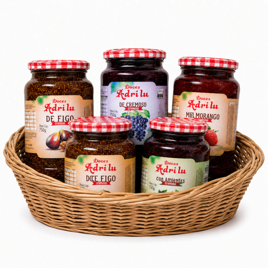 Kit com 5 Sabores de Geléia Adrilu (Figo, figo com Nozes, Uva, Morango e Amora)