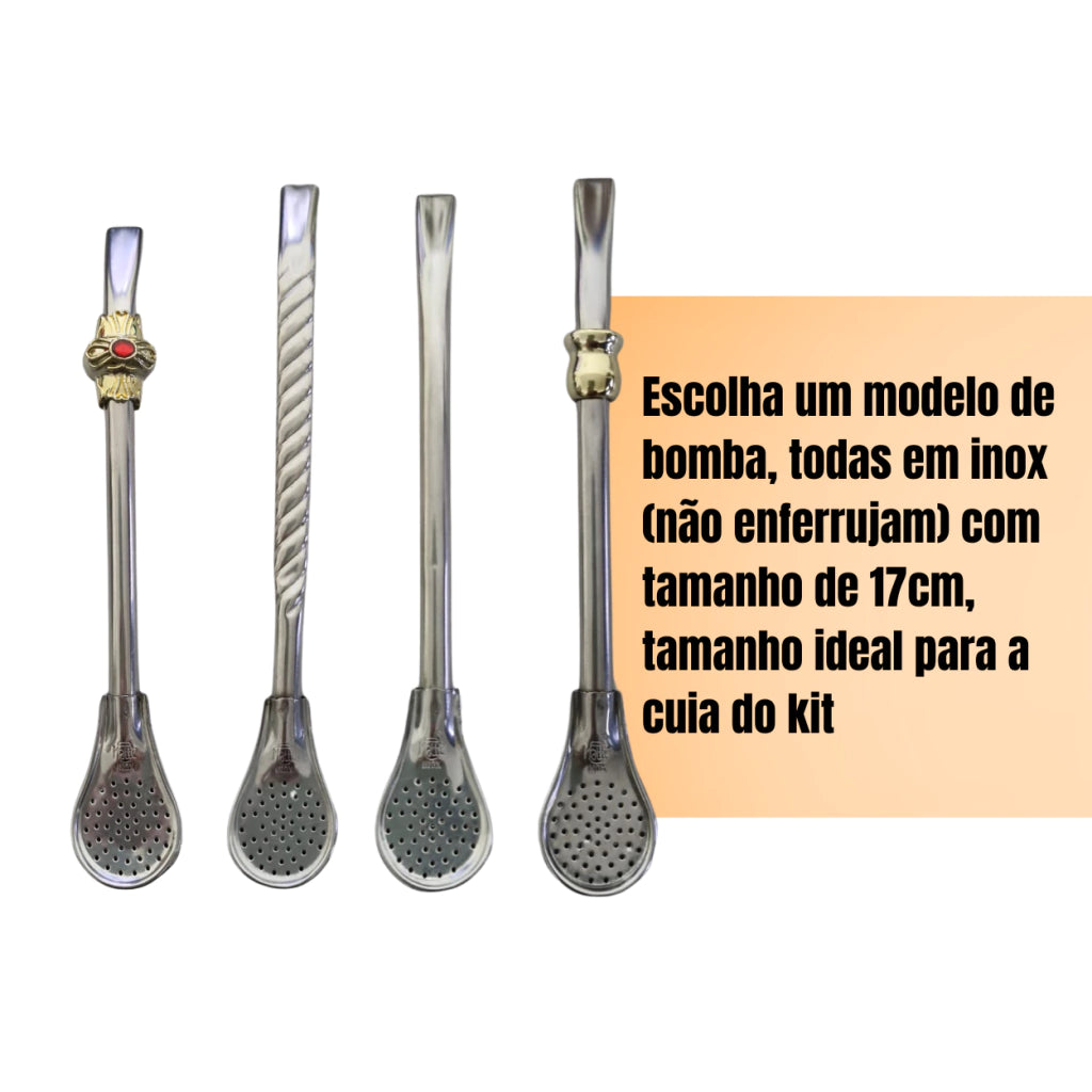 Kit Chimarrão Terere Cuia de Porongo Bomba Aço inox 17cm e Filtro
