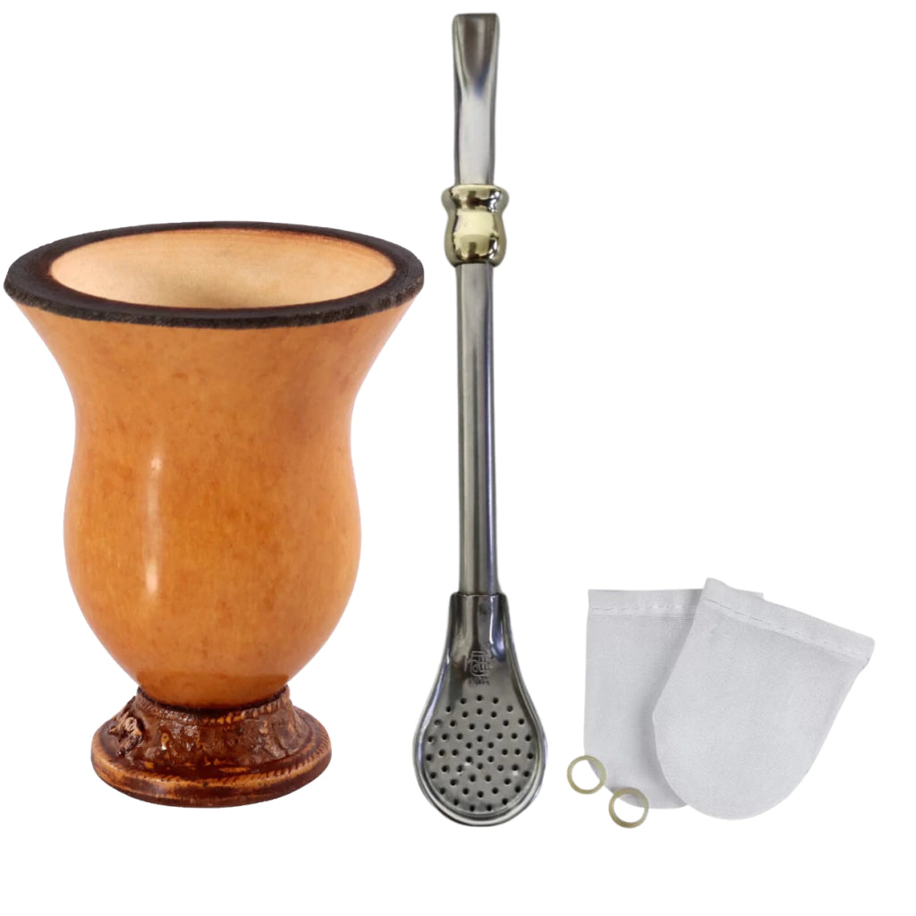 Kit Chimarrão Terere Cuia de Porongo Bomba Aço inox 17cm e Filtro