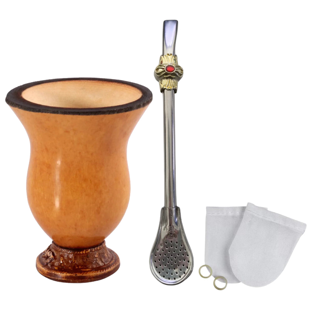 Kit Chimarrão Terere Cuia de Porongo Bomba Aço inox 17cm e Filtro
