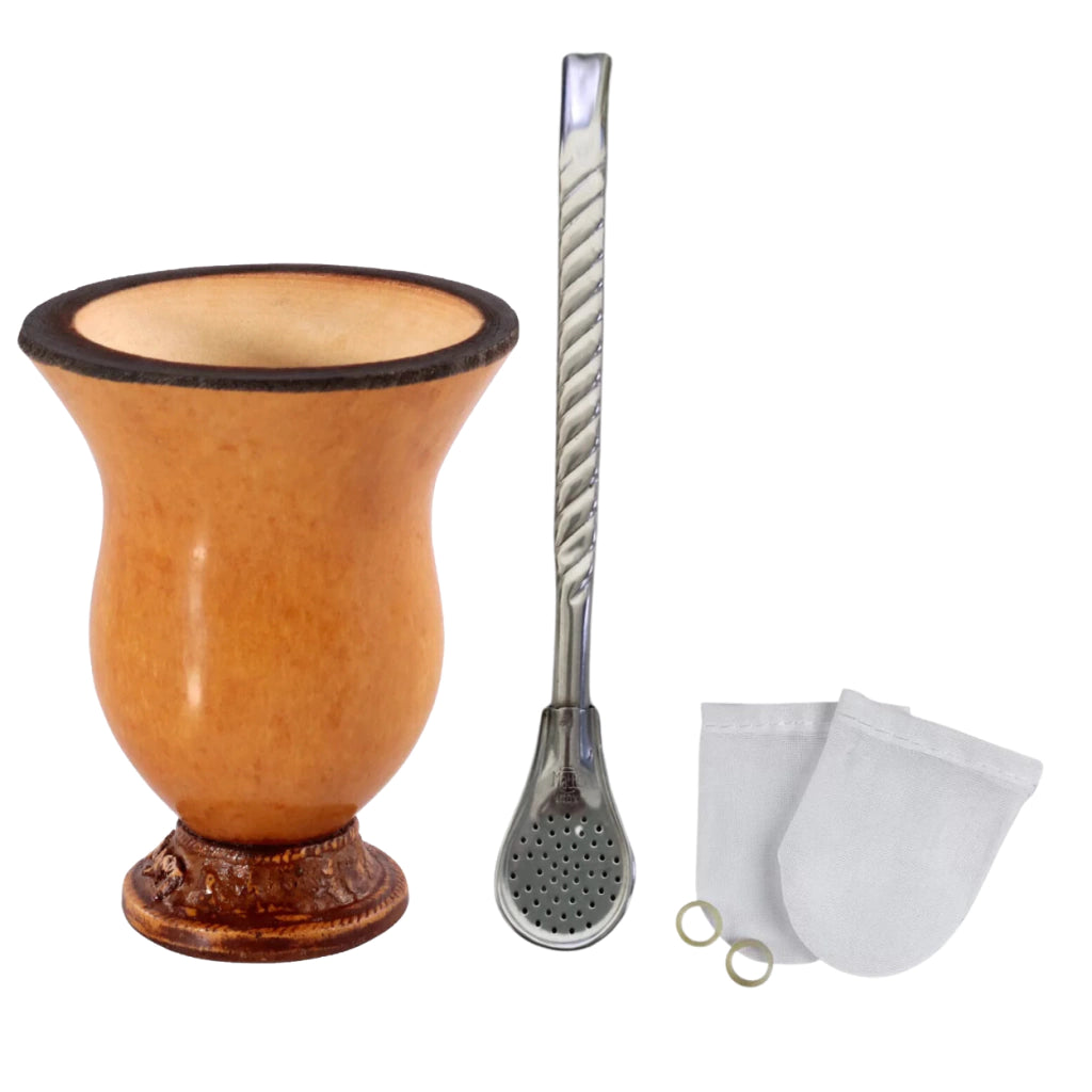 Kit Chimarrão Terere Cuia de Porongo Bomba Aço inox 17cm e Filtro
