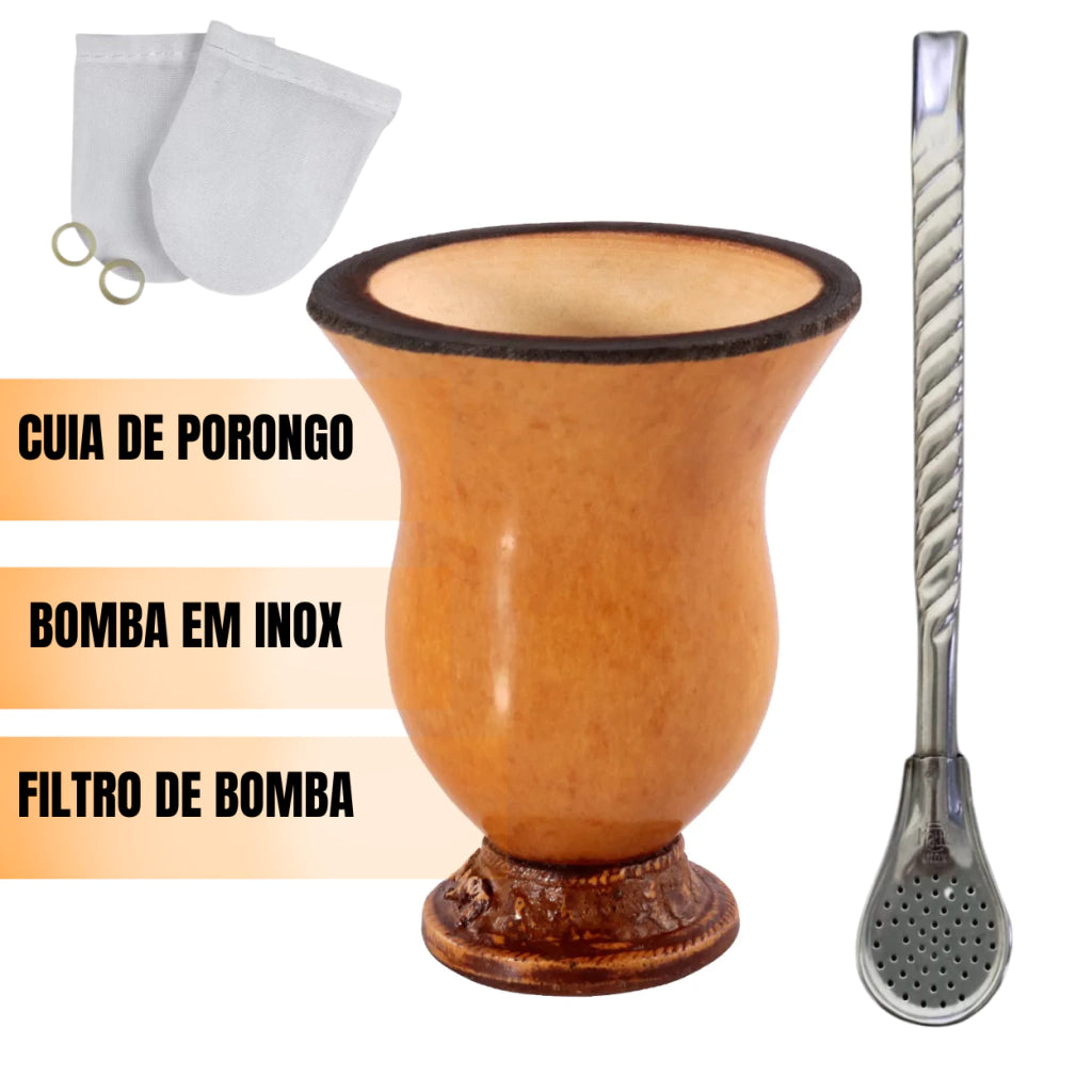 Kit Chimarrão Terere Cuia de Porongo Bomba Aço inox 17cm e Filtro