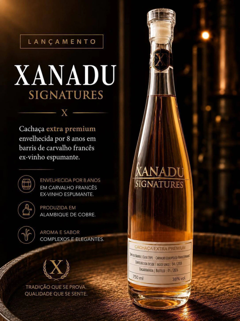 Cachaça Extra Premium Envelhecida em Carvalho Europeu Ex Vinho Espumante Xanadu 750ml